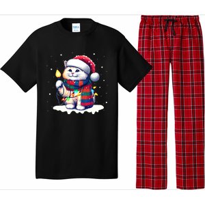 Funny Santa Cat Tangled Up In Christmas Lights Holiday Xmas Gift Pajama Set