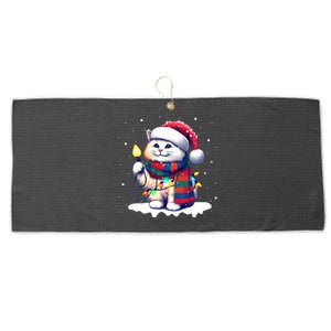 Funny Santa Cat Tangled Up In Christmas Lights Holiday Xmas Gift Large Microfiber Waffle Golf Towel