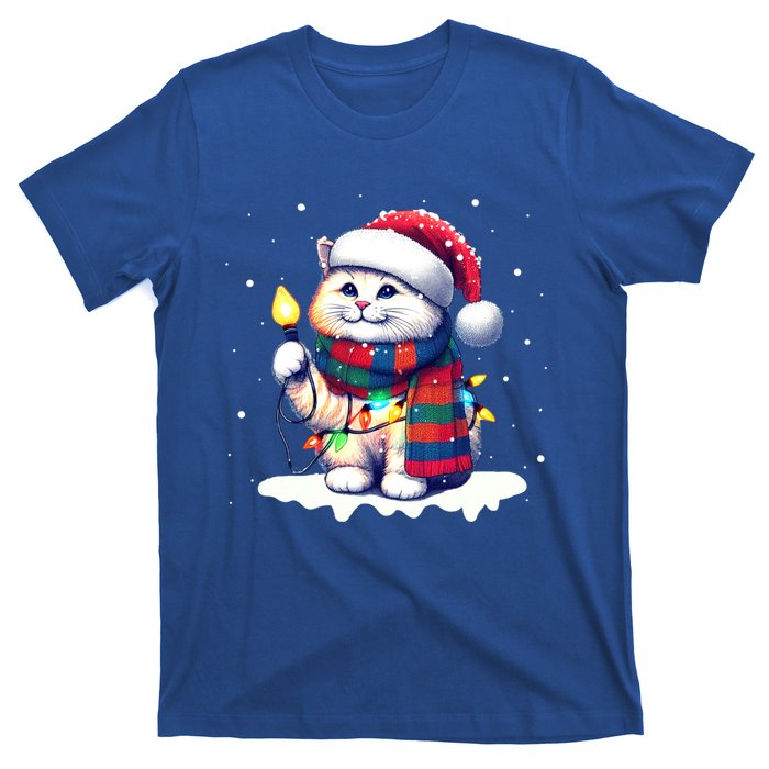 Funny Santa Cat Tangled Up In Christmas Lights Holiday Xmas Gift T-Shirt