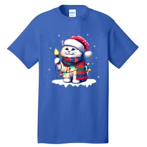 Funny Santa Cat Tangled Up In Christmas Lights Holiday Xmas Gift Tall T-Shirt