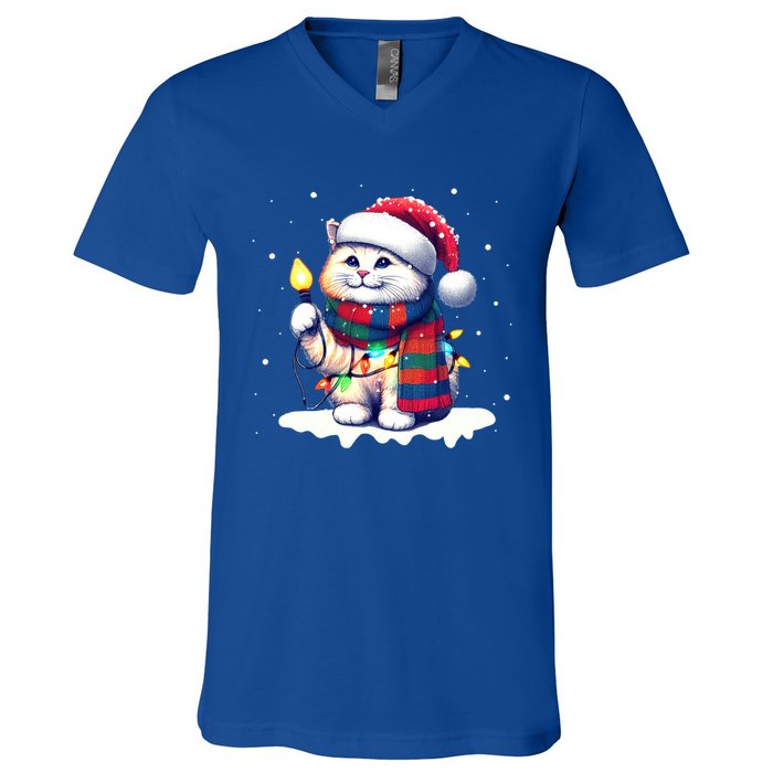 Funny Santa Cat Tangled Up In Christmas Lights Holiday Xmas Gift V-Neck T-Shirt