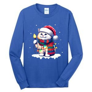 Funny Santa Cat Tangled Up In Christmas Lights Holiday Xmas Gift Tall Long Sleeve T-Shirt