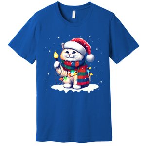 Funny Santa Cat Tangled Up In Christmas Lights Holiday Xmas Gift Premium T-Shirt