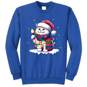 Funny Santa Cat Tangled Up In Christmas Lights Holiday Xmas Gift Tall Sweatshirt