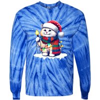 Funny Santa Cat Tangled Up In Christmas Lights Holiday Xmas Gift Tie-Dye Long Sleeve Shirt