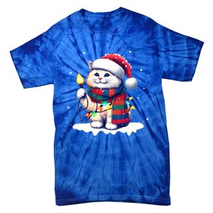 Funny Santa Cat Tangled Up In Christmas Lights Holiday Xmas Gift Tie-Dye T-Shirt