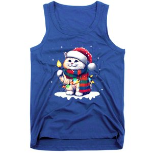 Funny Santa Cat Tangled Up In Christmas Lights Holiday Xmas Gift Tank Top