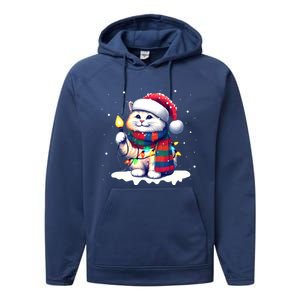 Funny Santa Cat Tangled Up In Christmas Lights Holiday Xmas Gift Performance Fleece Hoodie