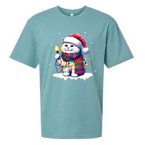 Funny Santa Cat Tangled Up In Christmas Lights Holiday Xmas Gift Sueded Cloud Jersey T-Shirt