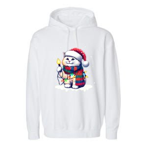 Funny Santa Cat Tangled Up In Christmas Lights Holiday Xmas Gift Garment-Dyed Fleece Hoodie