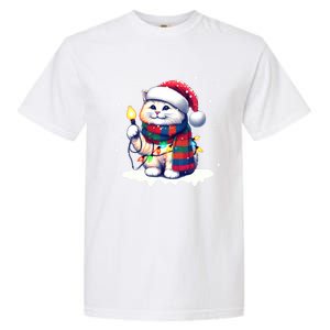 Funny Santa Cat Tangled Up In Christmas Lights Holiday Xmas Gift Garment-Dyed Heavyweight T-Shirt