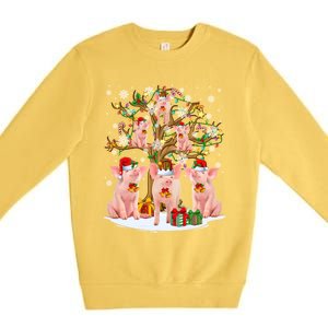 Funny Santa Claus Elf Pigs And Christmas Tree Lights Xmas Pjs Gift Premium Crewneck Sweatshirt