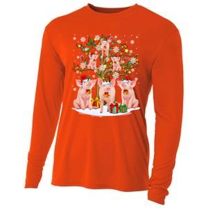 Funny Santa Claus Elf Pigs And Christmas Tree Lights Xmas Pjs Gift Cooling Performance Long Sleeve Crew