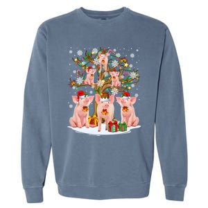 Funny Santa Claus Elf Pigs And Christmas Tree Lights Xmas Pjs Gift Garment-Dyed Sweatshirt