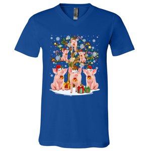 Funny Santa Claus Elf Pigs And Christmas Tree Lights Xmas Pjs Gift V-Neck T-Shirt