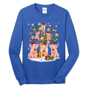 Funny Santa Claus Elf Pigs And Christmas Tree Lights Xmas Pjs Gift Tall Long Sleeve T-Shirt