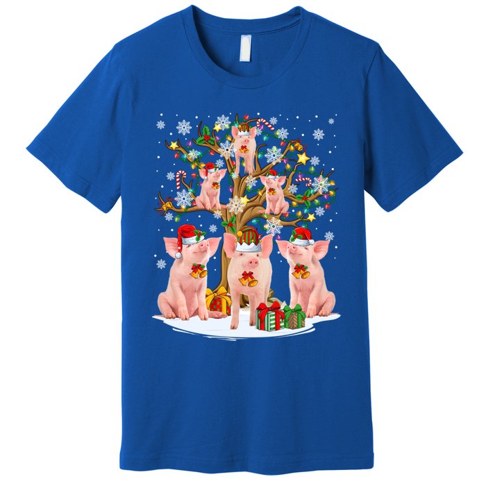 Funny Santa Claus Elf Pigs And Christmas Tree Lights Xmas Pjs Gift Premium T-Shirt