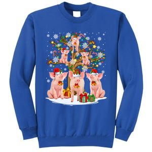 Funny Santa Claus Elf Pigs And Christmas Tree Lights Xmas Pjs Gift Tall Sweatshirt