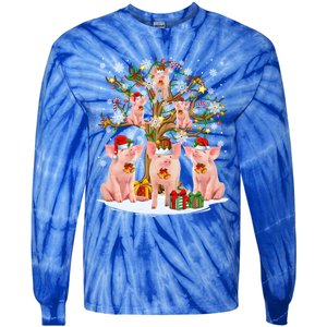 Funny Santa Claus Elf Pigs And Christmas Tree Lights Xmas Pjs Gift Tie-Dye Long Sleeve Shirt