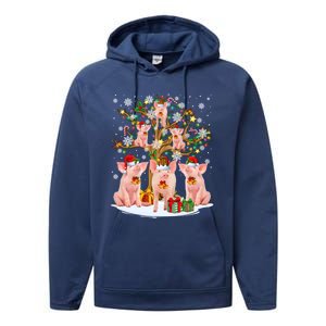 Funny Santa Claus Elf Pigs And Christmas Tree Lights Xmas Pjs Gift Performance Fleece Hoodie