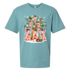 Funny Santa Claus Elf Pigs And Christmas Tree Lights Xmas Pjs Gift Sueded Cloud Jersey T-Shirt