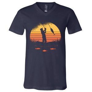 Fisherman Sunset Catching A Fish & View Beneath The Water V-Neck T-Shirt