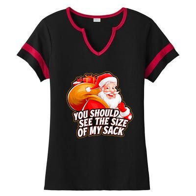 Funny Santa Claus You Should See The Size Of My Sack Ladies Halftime Notch Neck Tee