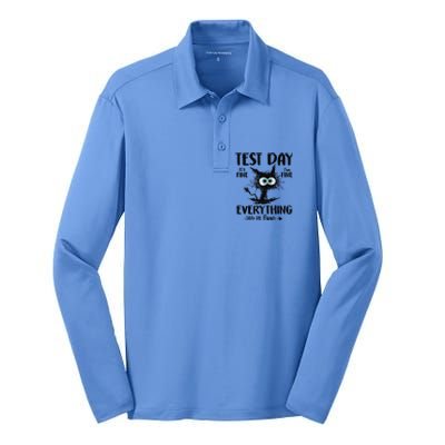 Funny Stressed Cat Teacher Student Testing Day Silk Touch Performance Long Sleeve Polo