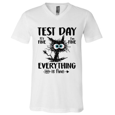 Funny Stressed Cat Teacher Student Testing Day V-Neck T-Shirt