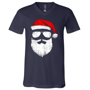 Funny Santa Claus Face Sunglasses With Hat Beard Christmas V-Neck T-Shirt