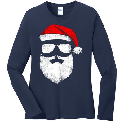 Funny Santa Claus Face Sunglasses With Hat Beard Christmas Ladies Long Sleeve Shirt