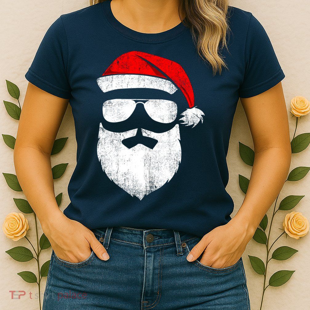 Funny Santa Claus Face Sunglasses With Hat Beard Christmas Womens T-Shirt