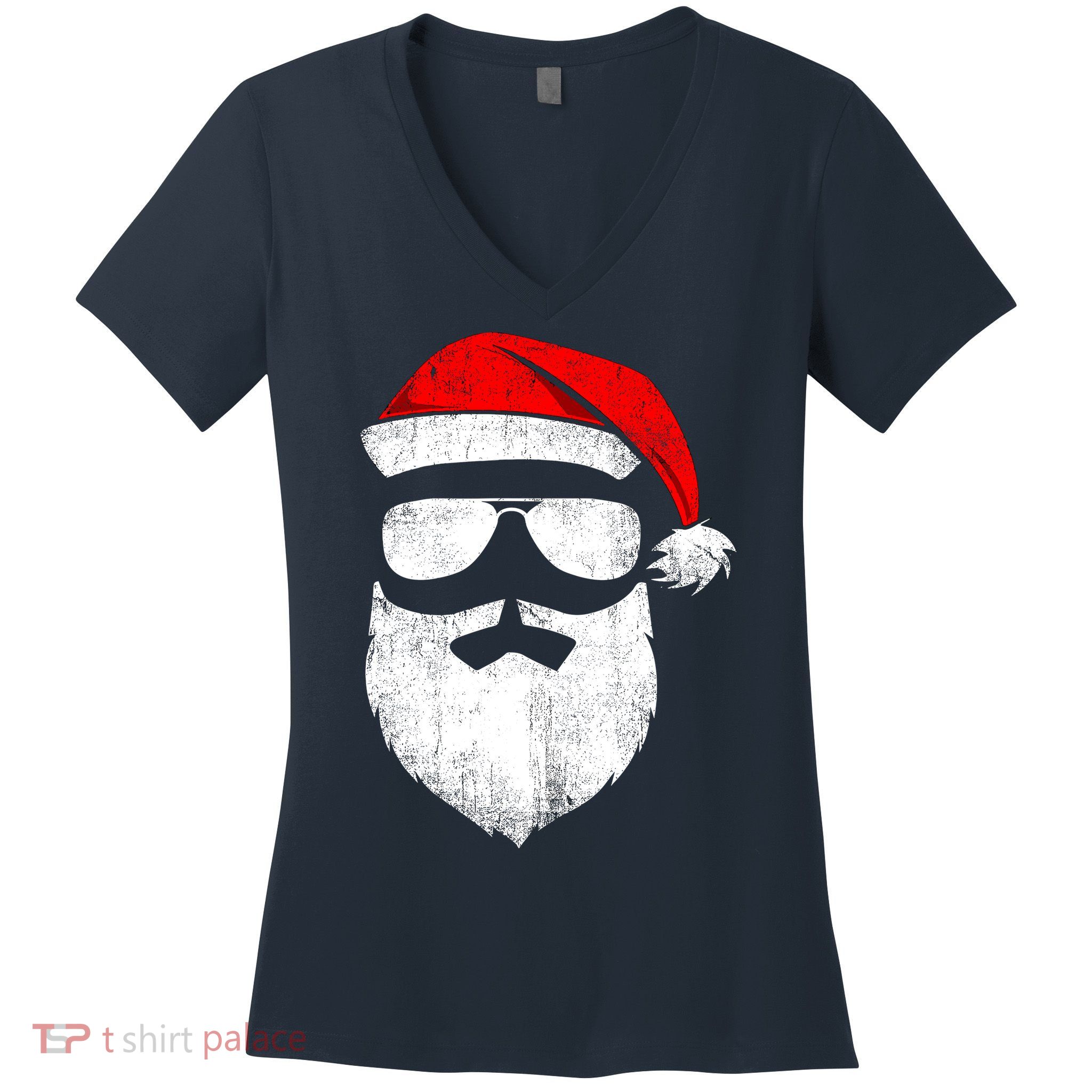 Funny Santa Claus Face Sunglasses With Hat Beard Christmas Women's V-Neck T-Shirt