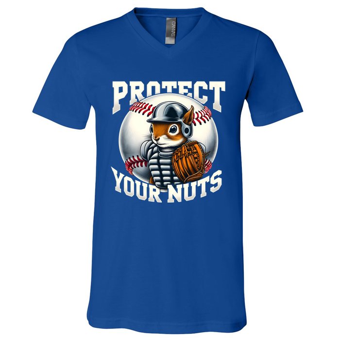 Funny Squirrel Catcher Protect Your Nuts Baseball Lover Gift V-Neck T-Shirt