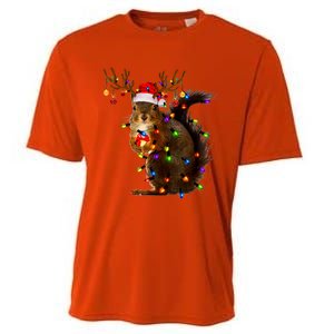 Funny Squirrel Christmas Tree Lights Reindeer Santa Hat Xmas Cooling Performance Crew T-Shirt