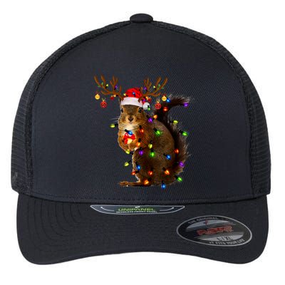 Funny Squirrel Christmas Tree Lights Reindeer Santa Hat Xmas Flexfit Unipanel Trucker Cap