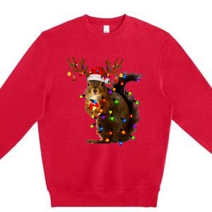 Funny Squirrel Christmas Tree Lights Reindeer Santa Hat Xmas Premium Crewneck Sweatshirt