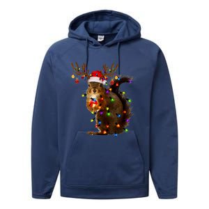 Funny Squirrel Christmas Tree Lights Reindeer Santa Hat Xmas Performance Fleece Hoodie