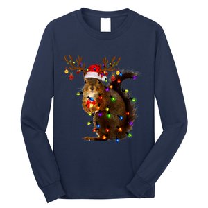 Funny Squirrel Christmas Tree Lights Reindeer Santa Hat Xmas Long Sleeve Shirt