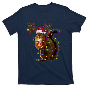 Funny Squirrel Christmas Tree Lights Reindeer Santa Hat Xmas T-Shirt