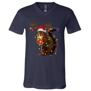 Funny Squirrel Christmas Tree Lights Reindeer Santa Hat Xmas V-Neck T-Shirt