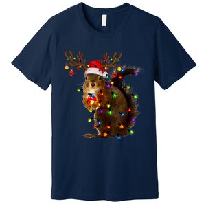 Funny Squirrel Christmas Tree Lights Reindeer Santa Hat Xmas Premium T-Shirt