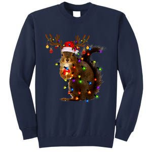 Funny Squirrel Christmas Tree Lights Reindeer Santa Hat Xmas Tall Sweatshirt