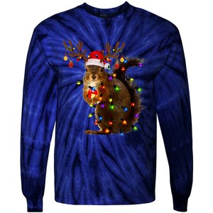 Funny Squirrel Christmas Tree Lights Reindeer Santa Hat Xmas Tie-Dye Long Sleeve Shirt