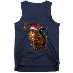 Funny Squirrel Christmas Tree Lights Reindeer Santa Hat Xmas Tank Top