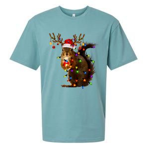 Funny Squirrel Christmas Tree Lights Reindeer Santa Hat Xmas Sueded Cloud Jersey T-Shirt