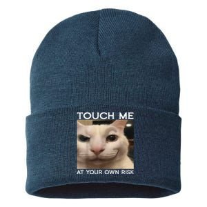 Funny Silly Cat Touch Me At Your Own Risk Sarcastic Saying Sustainable Knit Beanie