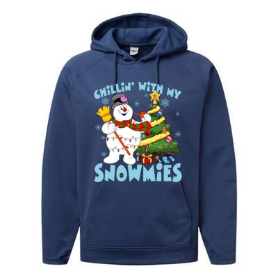 Frosty Snowman Chillin With My Snowmies Frosty Snowman Christmas Tree Performance Fleece Hoodie