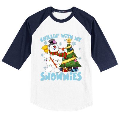 Frosty Snowman Chillin With My Snowmies Frosty Snowman Christmas Tree Baseball Sleeve Shirt