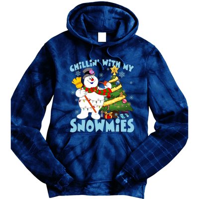 Frosty Snowman Chillin With My Snowmies Frosty Snowman Christmas Tree Tie Dye Hoodie